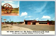 Big Wheel Service Station Sunoco Deluxe Restaurant Grayling Michigan c1960 PC