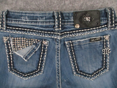 Miss Me Jeans Womens 28 Blue Denim Skinny Rhinestones Studs Dark Wash 27x22
