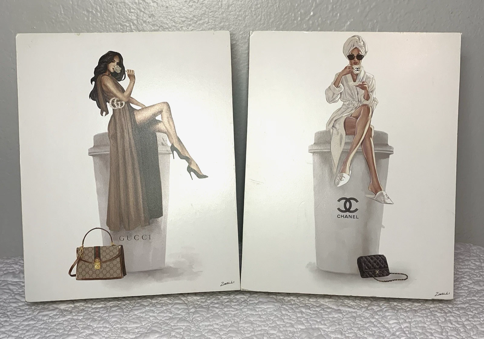 Glam Girl Gucci Chanel sac à main matin café bois art mural, design par Ziwei Li