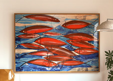 Quadro Astratto Moderno Dipinto a mano Acrilico Pesci Rossi Mare Oceano 50 x 70