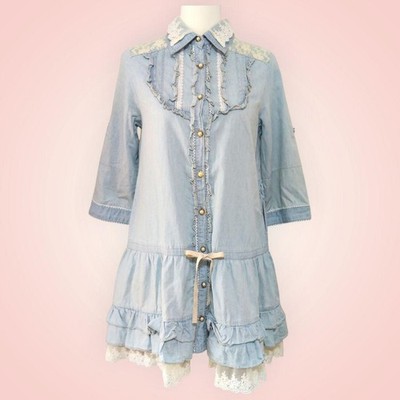 Axes Femme Lace Ruffle Dungaree Shirt Dress Mori Girl M Used For 14Y+ Japan