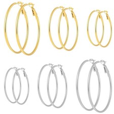 6 Pairs Gold Plated Hypoallergenic Steel Hoop Earrings 30mm, 40mm, 50mm, gold