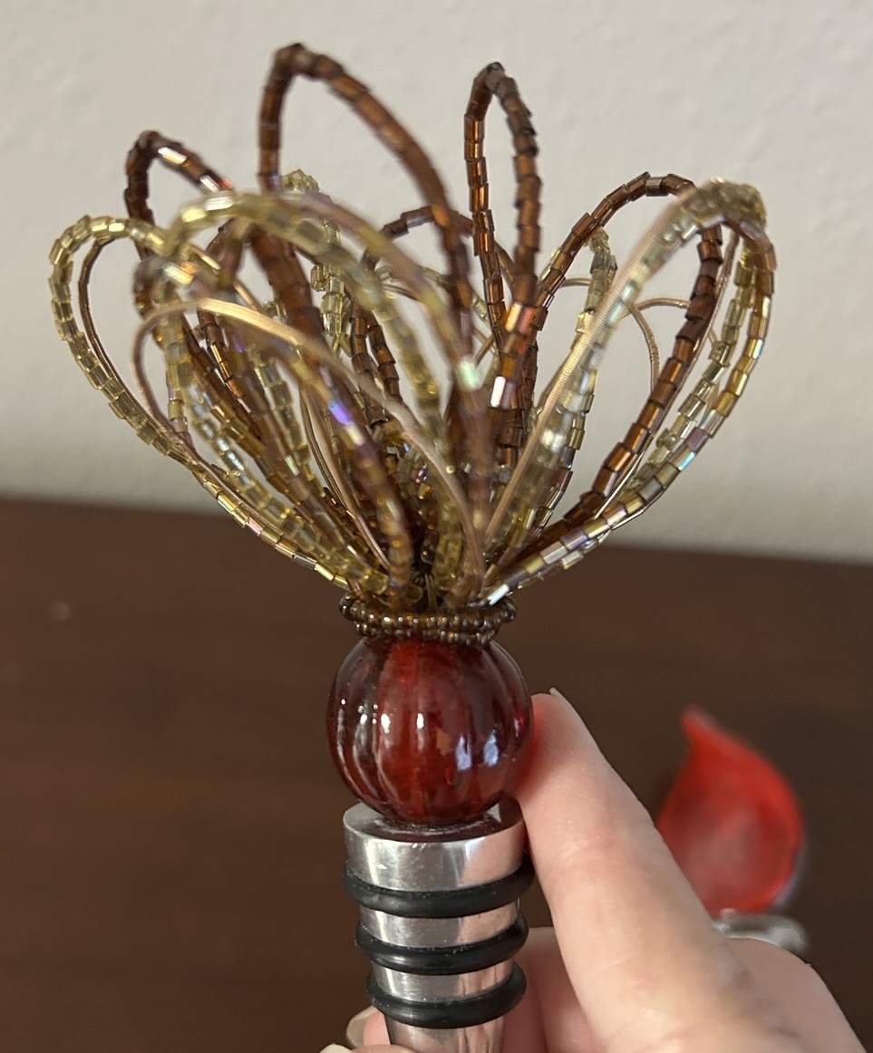 Murano Style Sparkling Rose Gold And Sparkly Beads Red Gold Wine Topper Lot Of 2