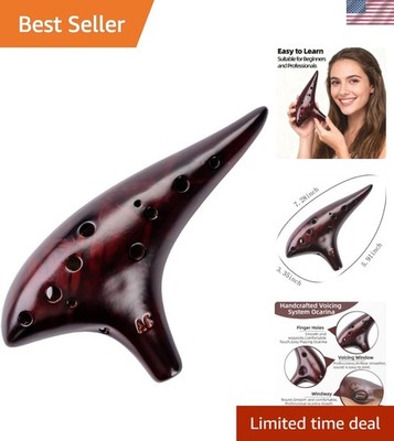 Strawfire Alto C Ceramic Ocarina - 12 Holes with Songbook and Strap in Black
