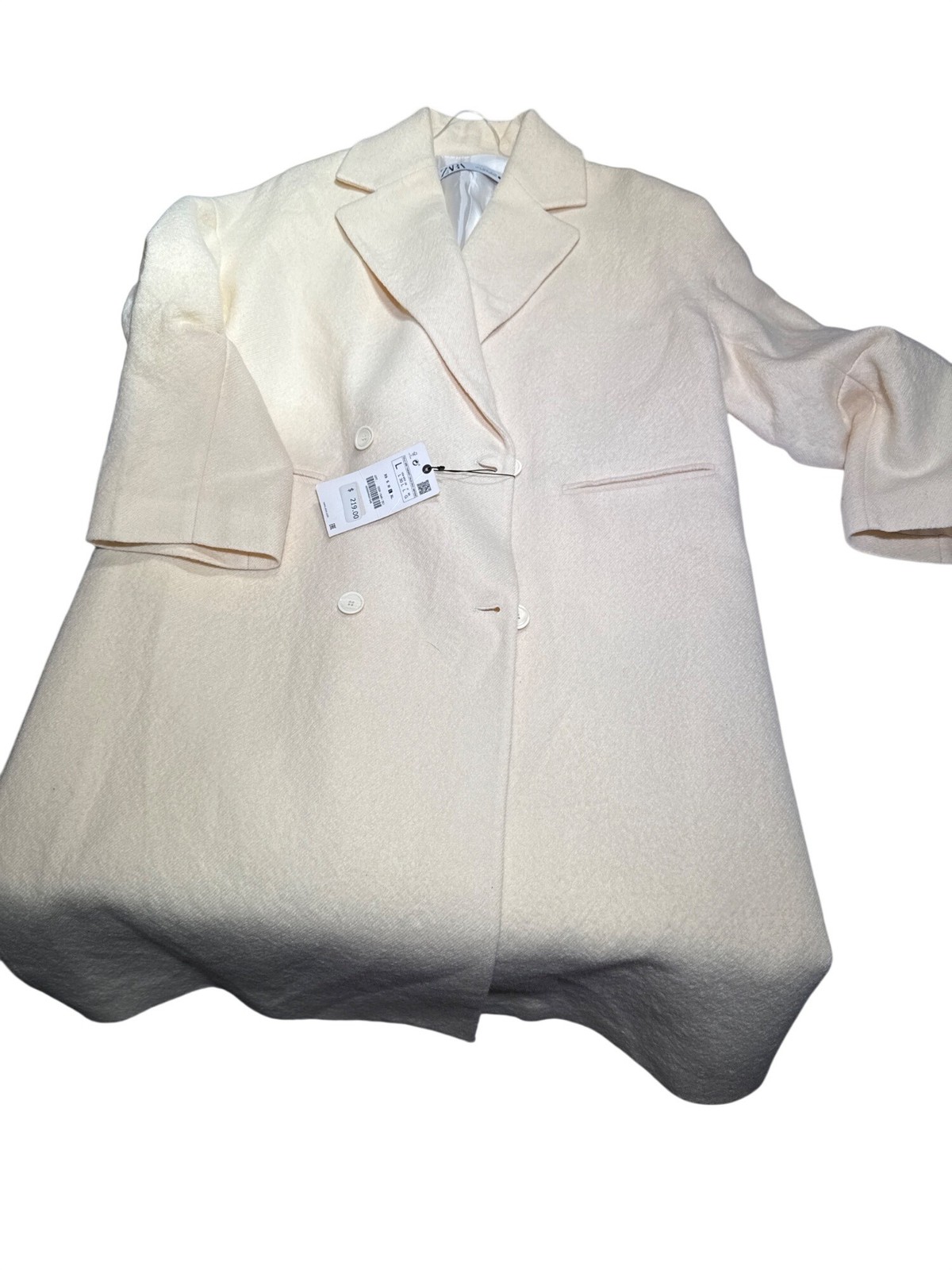 ZARA Ivory Long Double Breasted Oversized Coat Wool Blend Boucle Minimalist L NW image 8