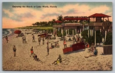 Vintage 1941 Linen Postcard Enjoying the Beach at Lake Worth Florida