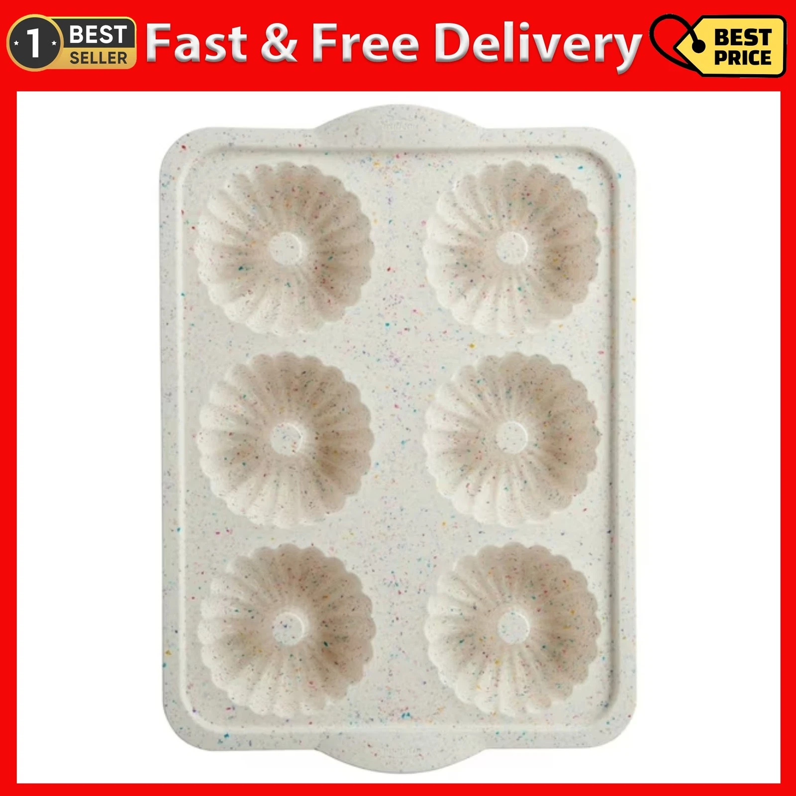 Crave Silicone 6 Ct Mini Fluted Cake Pan, Multicolor Confetti, Dishwasher Safe