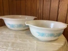 Vtg GLASBAKE 2 Mixing Bowls Blue Thistle Flower Cinderella Handles Glass 8" & 9”