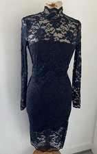 GANNI Flynn Lace Dress Size UK 10 Black & Navy Semi Sheer Sleeves Midi