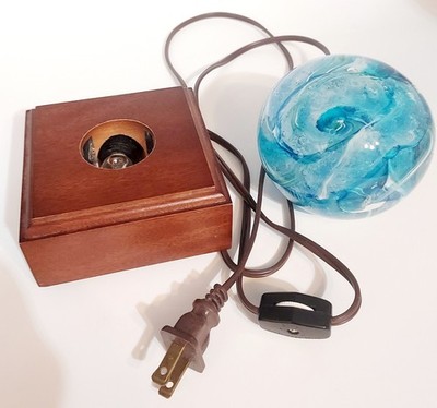 MCM Groovy Blue Glass Paperweight w/Vintage Display Light Box