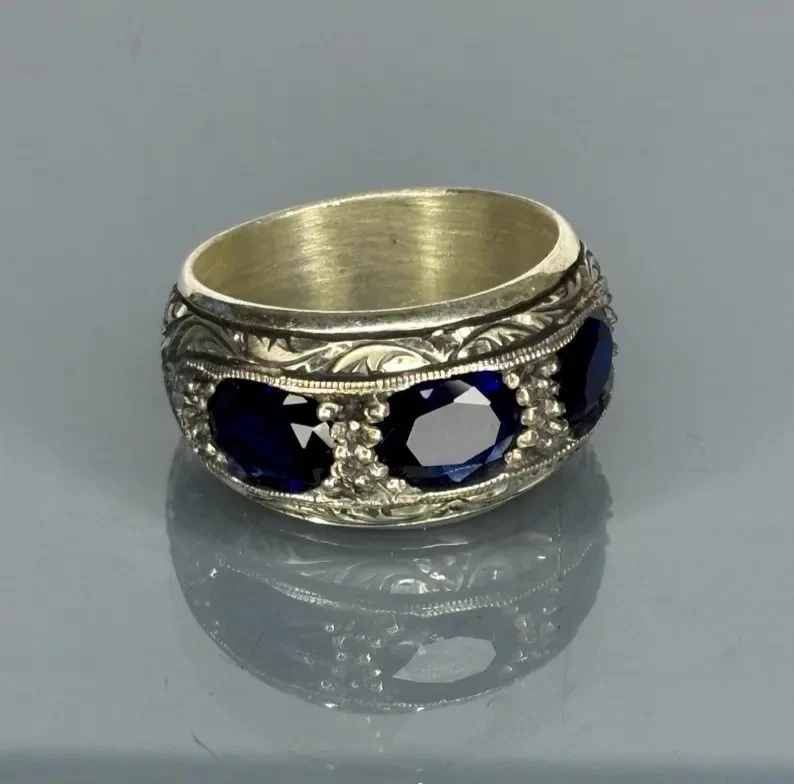 Anel masculino feito à mão de prata esterlina 925: joias vintage azul safira - Imagem 3 de 4