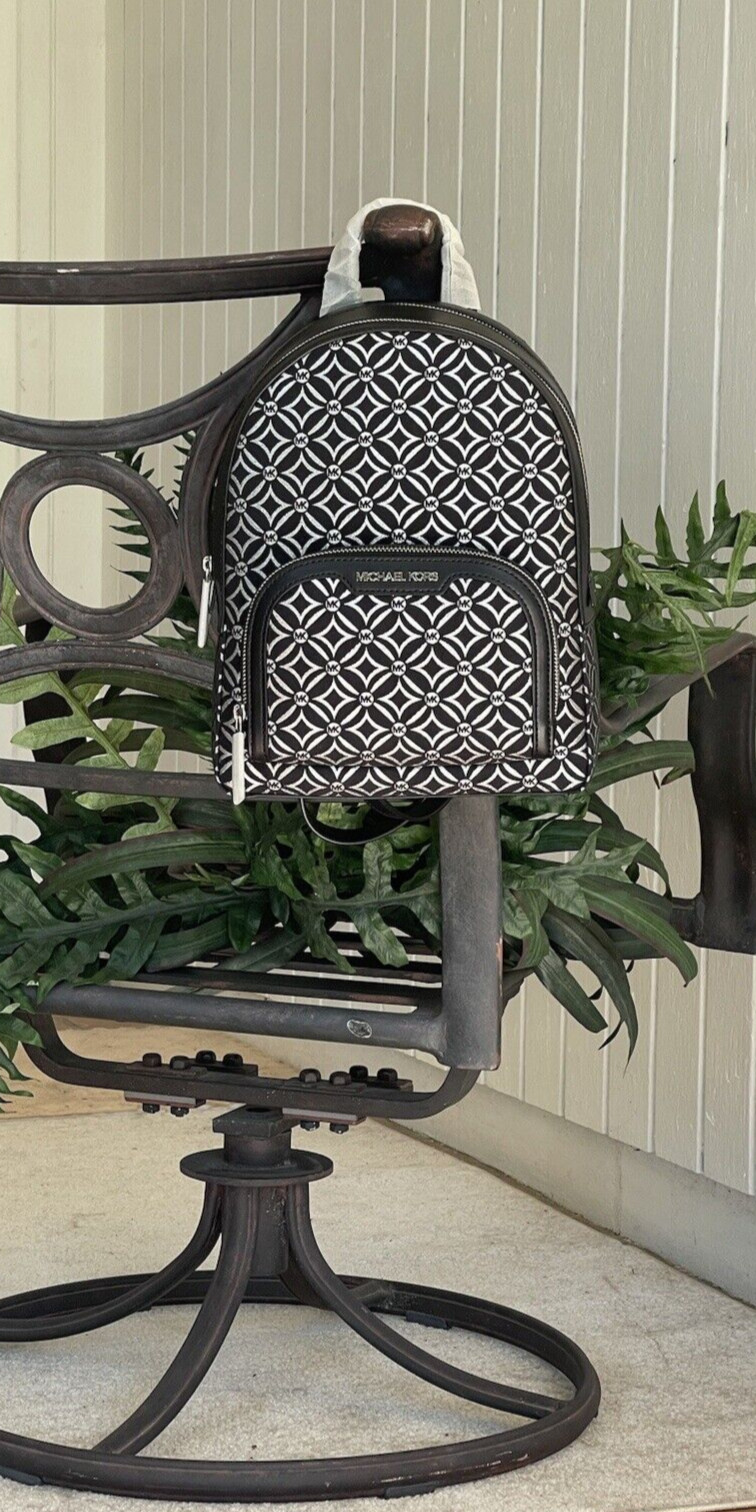 MICHAEL KORS JAYCEE MEDIUM ZIP POCKET BACKPACK TOTE MK BLACK SILVER SHIMMER LOGO thumbnail 5