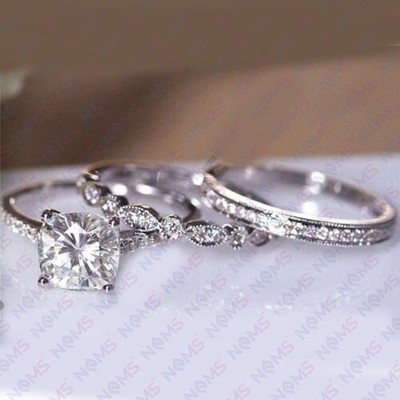 3.00Ct Cushion Cut Old Mine Moissanite Trio Women Ring Set 14K White Gold Plated