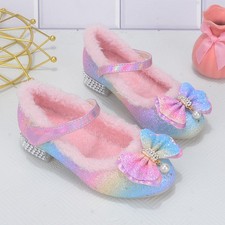 Kids Girls Princess Faux Fur Shoes Fancy Birthday Party Dress Sequin High Heels
