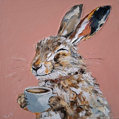 Ölgemälde von Hase genießt eine Tasse Kaffee, Tierwelt Originalgemälde, 6x6''