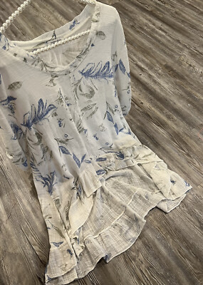 Angela Mara White Blue Floral Print Linen Blend Italy Made Ruffled Hem  Tunic L | eBay
