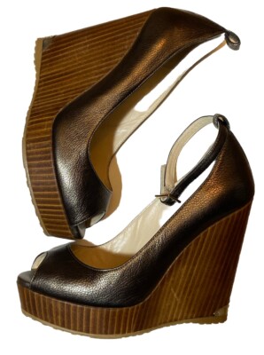 Jimmy Choo Wedge 36.5/6.5  Golden Metallic Leather Peep Toe Heel Ankle Strap