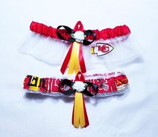 White Organza Wedding/Prom Garter Set, Red/Gold/White Ribbons, Flower, 19-22"