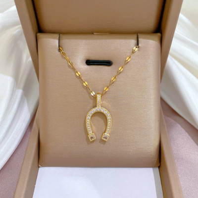 Women's Fashion Jewelry Gold Cubic Zircon Horseshoe Pendant Necklace 312