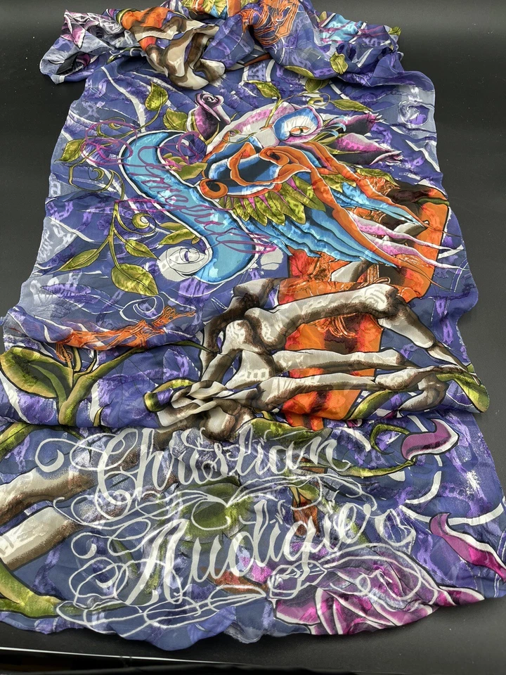 "Bufanda vintage Christian Audigier 70""x19"" 100 % seda esqueleto mano pájaro púrpura difícil de encontrar" Foto 2 de 4