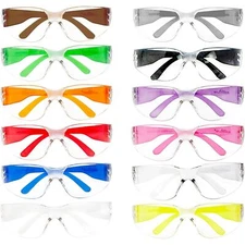 Pack of 12 Crystal Clear Lens Color Temple Safety Glasses One Size ANSI Z87.1 