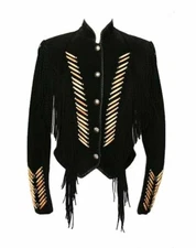 Men's Native Western American Cowboy Black Suede Leather Fringes & Bones Jacket