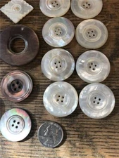 25 Vintage Shell sewing Buttons 1800's 2 & 4 hole, metal Shank hand carved