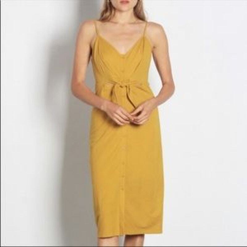 MOD REF Midi Dress Mustard Yellow V-Neck Cutout Tie Button Up Sleeveless Sz  S