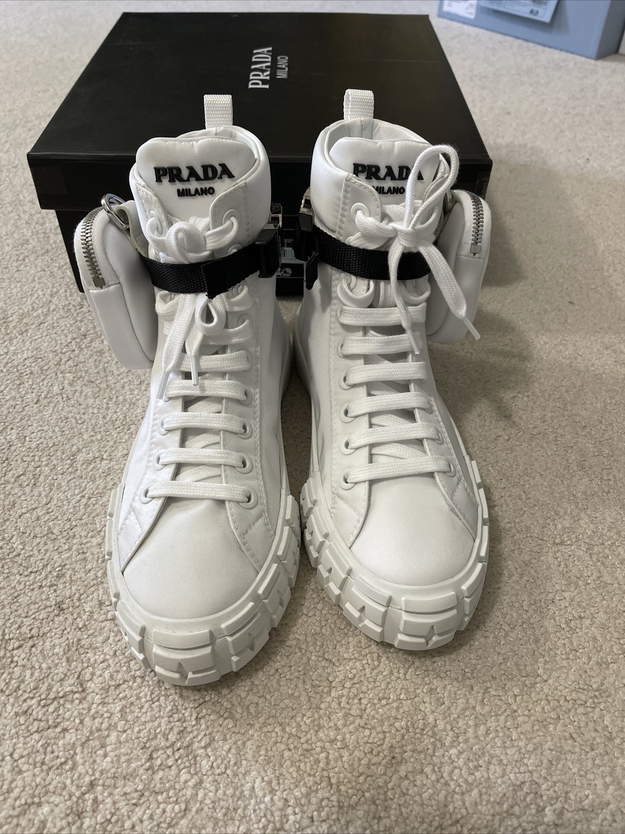 Prada White Re-Nylon High Top Sneakers Booties with Pouches Prada White Re-Nylon High Top Sneakers Booties with Pouches