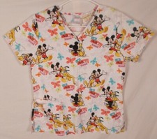 Disney Women's Scrub Top Size S Mickey and Pluto I Love My Best Friend White