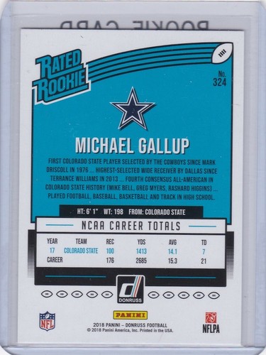 MICHAEL GALLUP ROOKIE CARD 2018 Donruss RATED RC Football CSU Dallas Cowboys! - Bild 2 von 2