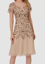 Adrianna Papell Women Beige Embellished Flutter-Sleeve Dress Size 8
