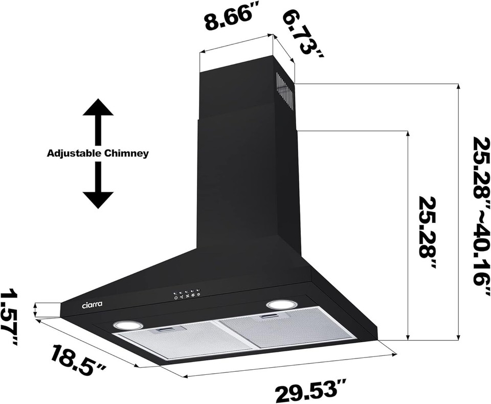 Black Range Hood 30 inch 450 CFM Wall Mount Range Hood w/Anti