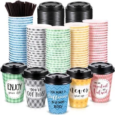 Gerrii 100 Pack Disposable Coffee Cups with Lids and Straws, Motivational Pap...
