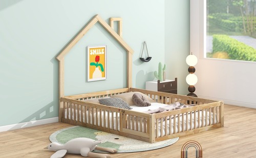 Wood Full Size House Platform Bed with Guardrail, Natural - Picture 7 of 12