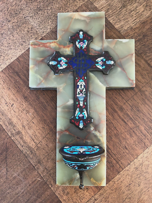 Crucifix avec bénitier XIX -ème émaux cloisonné sur onyx