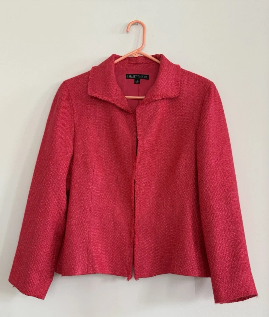 Lafayette 148 New York Hot Pink Tweed Woven Blazer Jacket Frayed Hems Size 12
