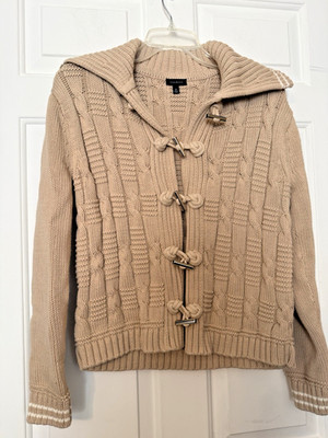 Talbots XS Cable Knit Coatigan Cardigan Sweater Tan Toggle Close Cropped Sailor