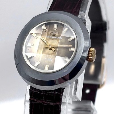 Technos Ladies Mechanical Watch Gold Tungsten Cut Glass Used