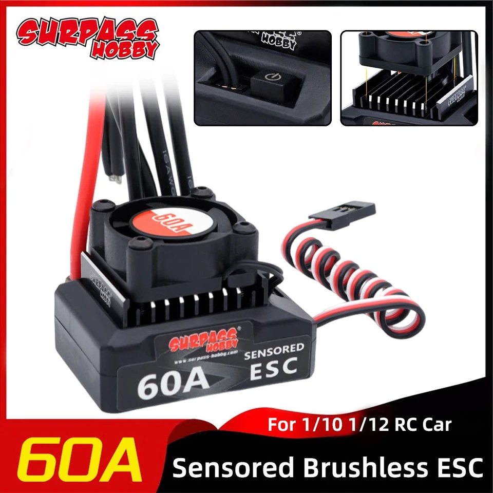 SURPASSHOBBY 60A Sensored Brushless ESC 6V/3A BEC For 1/10 1/12 RC Car 540 Motor - Image 3 of 4
