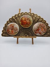 Vintage Brass 24 k Gold Plated Victorian Fan 3 Porcelain Cameos