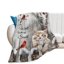 Cardinal Cat Blanket Christmas Decor Throw Blankets Cozy Fleece Flannel Soft ...