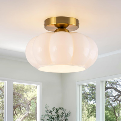 Mid-Century Modern 9.84'' Gold Semi Flush Mount Ceiling Light with Glass Shade