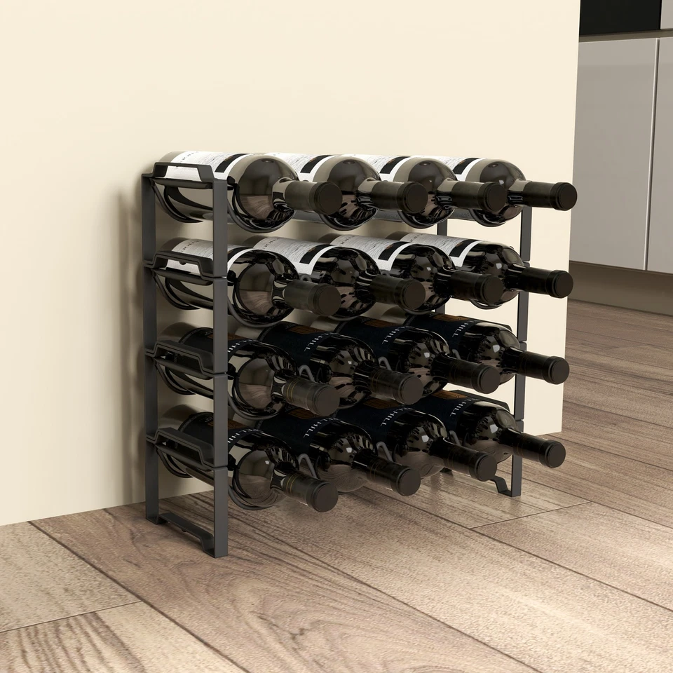 HOMCOM Portabottiglie a 4 Livelli a Onda Impilabili in Metallo Nero - Immagine 3 di 4