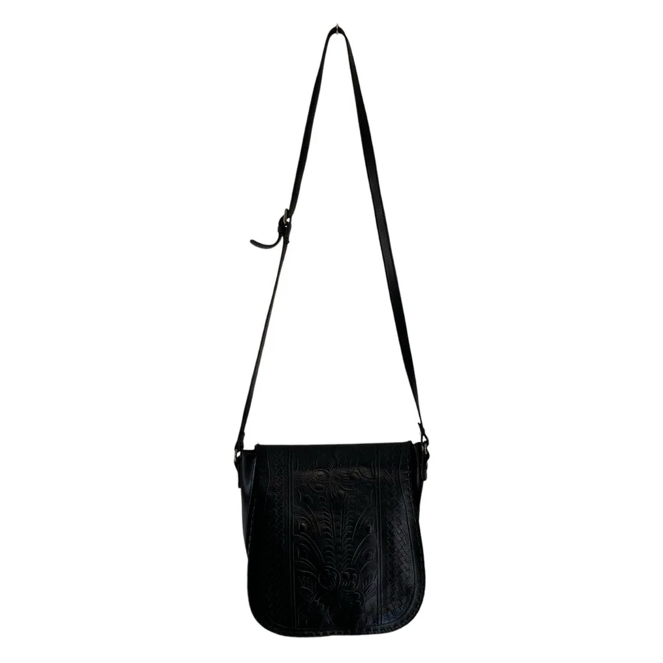 Patricia Nash Black Leather Tooled Crossbody Saddle Bag Western Boho Purse - Image 2 of 4