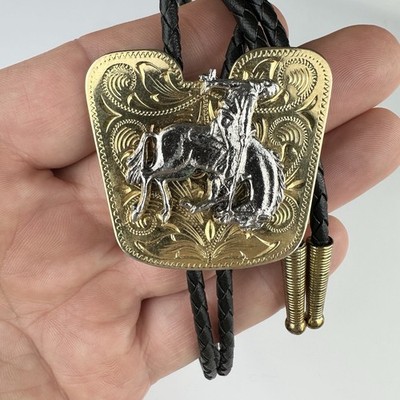 Vintage Gold Tone Western Silver Rodeo Bucking Bronco Cowboy Bolo Tie