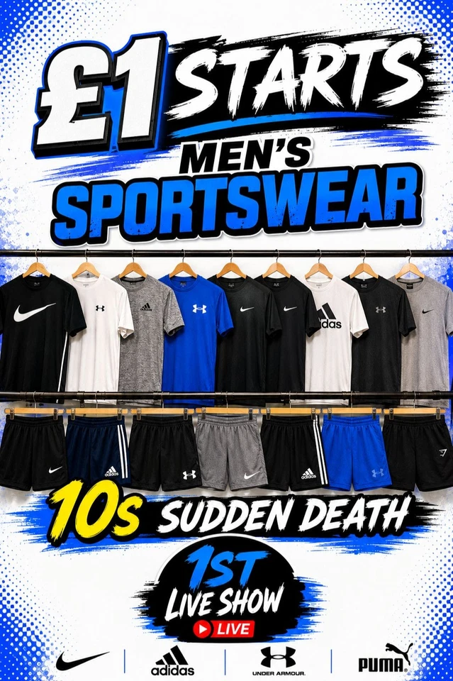 1£ starts, 10s Sudden death, Mens Sportswear - 1st show on ebay live.