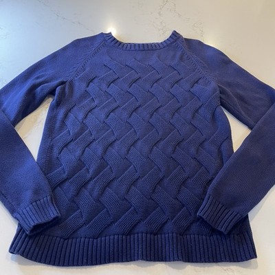 Lands End Drifter Women L  Basket Knit Sweater Navy Classic Heavyweight Coastal