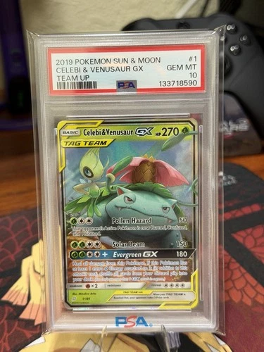 2019 POKEMON SUN & MOON TEAM UP #1 CELEBI & VENUSAUR GX PSA 10