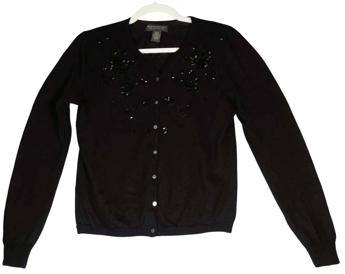 Cardigan Femme Banana Republic Manches Longues Noir - Doublure Beige, Taille M, 70% Polyester 30% Laine